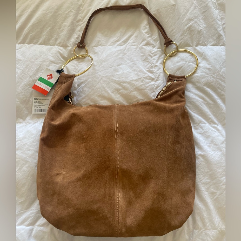 Stunning! And trending- Brown Suede Hobo Bag with Gold Accents
